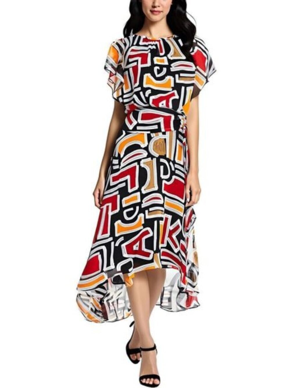 Karl Lagerfeld Paris Size 10 Abstract Geometric Print High Low Midi Dress